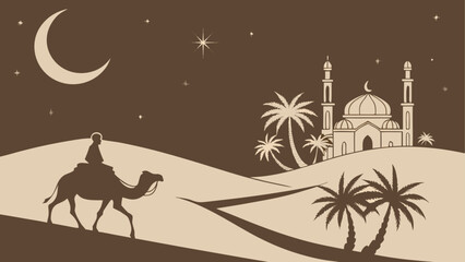 Journey through the desert to the mosque Vector, illustration © esey