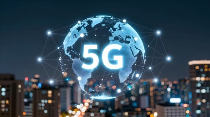 Digital earth with global network and 5g technology over a cityscape at night