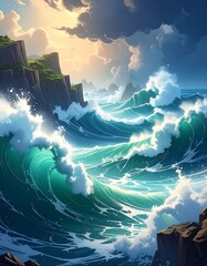 Oceanic view depicting crashing waves against cliffs with cloudy skies