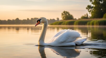 Majestic swan gracefully gliding on reflective lake at dawn moment