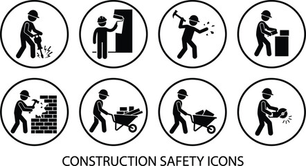 Construction safety icons set showing workers drilling hammering lifting cutting masonry and wheelbarrow tasks in circular warning symbols