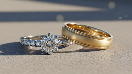 Sparkling diamond engagement ring paired with a elegant gold wedding band, perfect for bridal websites, jewelry stores, wedding planners.