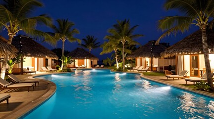 Fototapeta premium Picturesque pool area at tropical resort with illuminated palm trees at night