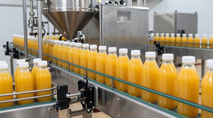 Rows of refreshing orange juice bottles move along a conveyor belt in a factory