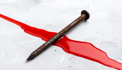 Rusty nail piercing a trail of red liquid on a textured white surface, close-up