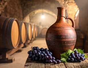 Old rustic wine cellar with jug, grapes, and wooden barrels