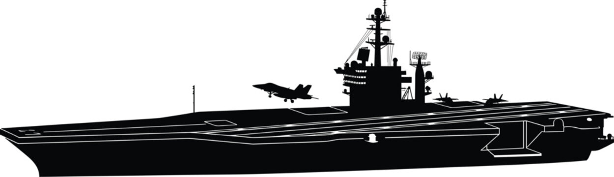 Aircraft carrier silhouette with fighter jets, modern naval warship, military aviation deck operations isolated black vector illustration on white background