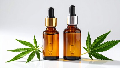 Two amber glass dropper bottles with dark tops, green leaves against a white backdrop