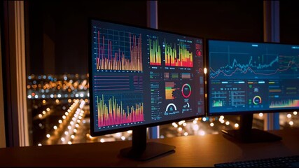 Data Analysis Workspace with Multiple Monitors at Night - Powered by Adobe