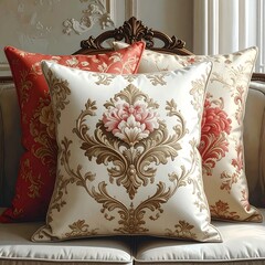 Three decorative pillows in red and cream hues with floral patterns rest on a neutral colored sofa