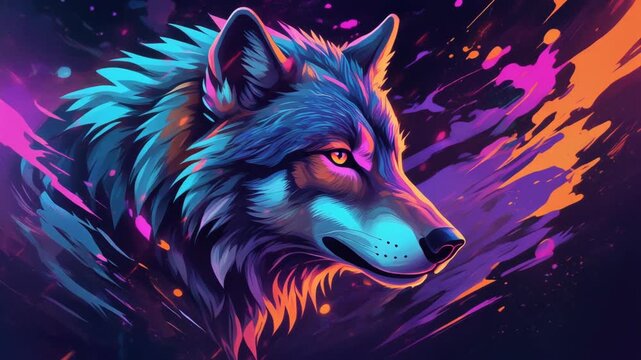 Vibrant wolf portrait with colorful paint splashes background
