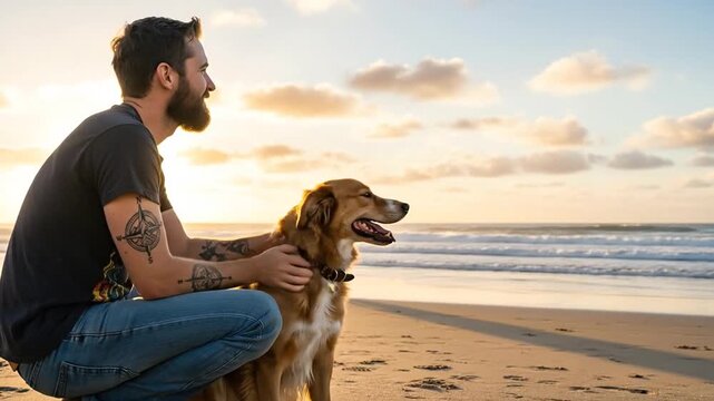 Tattooed man pets best friend dog on beach at golden hour.