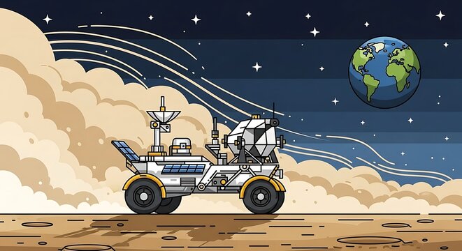 Space rover on Mars planet surface.