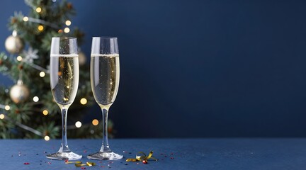 Elegant christmas celebration with champagne flutes and blurred lights