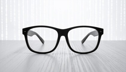 Close-up of black-framed eyeglasses on a light-colored wooden surface, blurred background