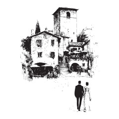 Hand drawn Italian style vintage wedding couple