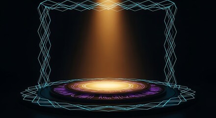 Sci-fi showcase with glowing beam illuminating circular platform stage