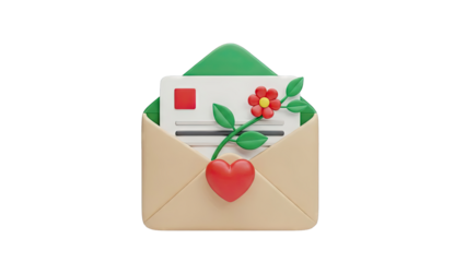 3D Illustration of an Open Envelope with a Heart and Flower