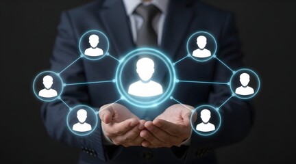 Person in a suit holds a network of connected user icons in their cupped hands