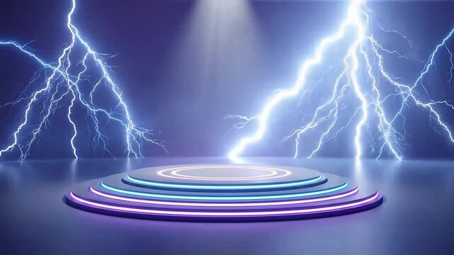 Illuminated pedestal with lightning strikes in the background, creating a dramatic and dynamic scene.