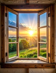 Open window framing sunrise over green fields and a distant horizon