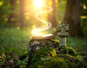 Open book atop mossy rock with a cross in a sunlit forest