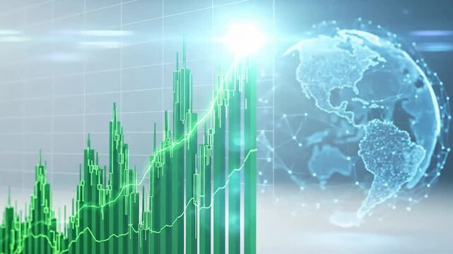 Green stock market chart showing upward trend alongside a digital globe.