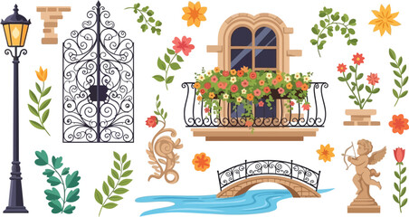 A charming illustration of a balcony with flowers and a bridge clean vector artwork with transparent background