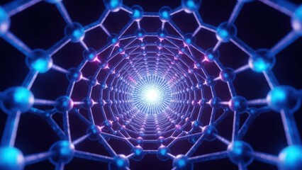 Abstract molecular tunnel with glowing light, formed by interconnected blue spheres in a hexagonal lattice