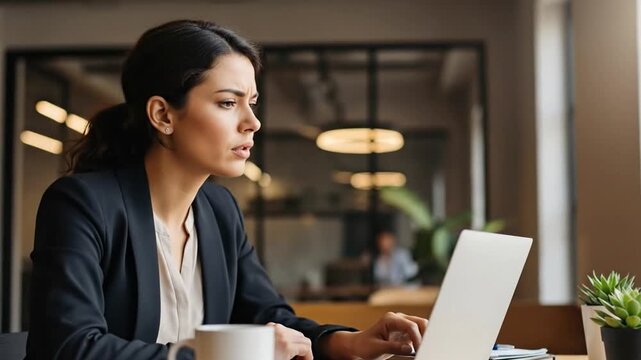 Female professional problem solving on laptop in warm modern office.