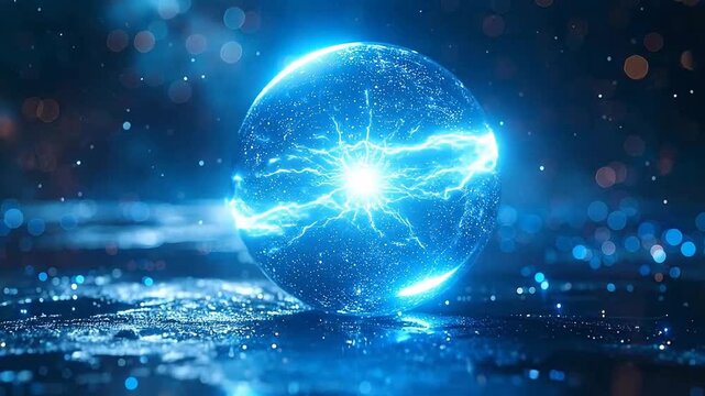 Glowing orb with light streaks on reflective surface, surrounded by bokeh lights.