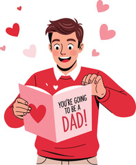 A cartoon man excitedly holding a pink card that says 'You're going to be a dad!' on transparent background