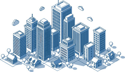 Obraz premium Isometric blue line art illustration of a modern city skyline with skyscrapers office buildings houses and street trees