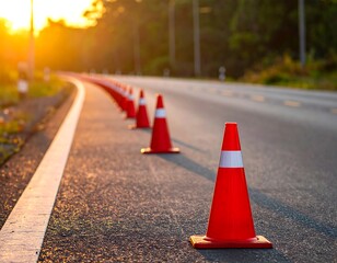 Orange traffic cones line a road at sunset, leading toward a blurred, sunlit forest