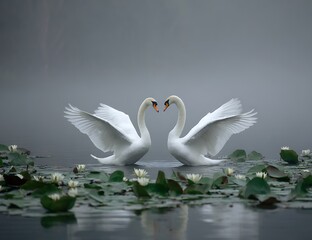 Elegant Swans in Misty Waters Serene Pair Reflecting Beauty White Birds Graceful Presence Lily Pads Floating Amidst Soft Fog Peaceful Water Scene Aquatic Birds Tranquil Nature Scene Wildlife