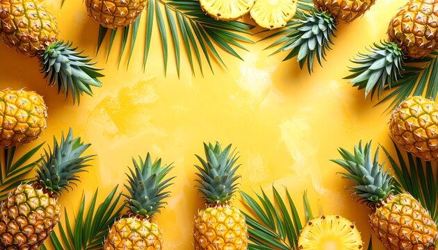 Vivid tropical scene with ripe pineapples, green leaves, and vibrant yellow background
