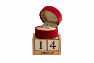 Silver engagement ring presented in red velvet box resting upon a February fourteenth date calendar on transparent background