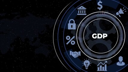 GDP concept diagram with icons representing economic growth and finance on a digital with gears background - Powered by Adobe