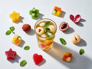 Vibrant lychee drink with playful fruit ice cubes and fresh mint leaves