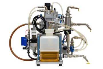 Industrial lubrication pump system with tubes and oil container on a transparent background