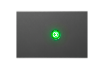 Grey rectangular panel with illuminated green power button on a transparent background