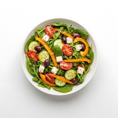 Fresh salad with feta, tomato, cucumber, olives and orange pepper