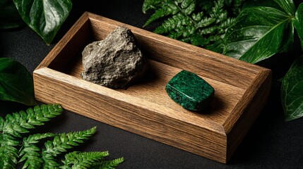 Wooden tray holding two stones and surrounded by lush green foliage