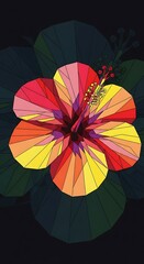 Geometric hibiscus flower illustration with bold, warm color palette
