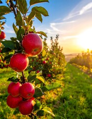 Orchard of red apples hanging from trees at sunset
