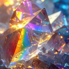 Detailed view of a glittering crystal pyramid structure displaying bright rainbow light refractions