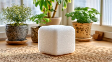 A textured white cube sits on a window sill with plants in the background