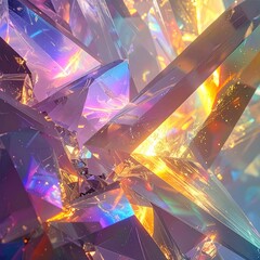 Abstract macro view of highly faceted crystal structure refracting bright iridescent light