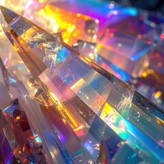 Sharp facets of clear quartz crystals refracting bright glowing light into intense rainbow colors