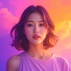 Beautiful young Asian woman illuminated by vibrant neon purple and orange gradient light